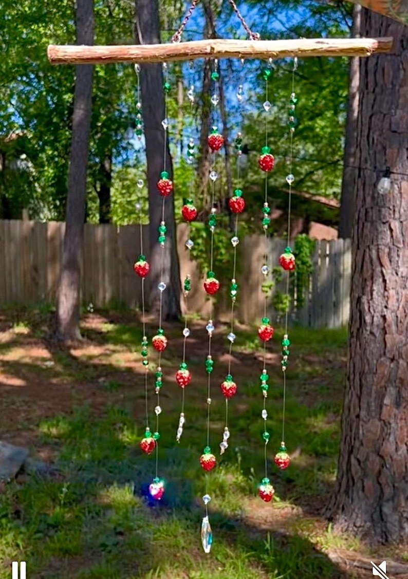 Strawberry Beaded SunCatcher: Hanging Glass Window Sun Catcher