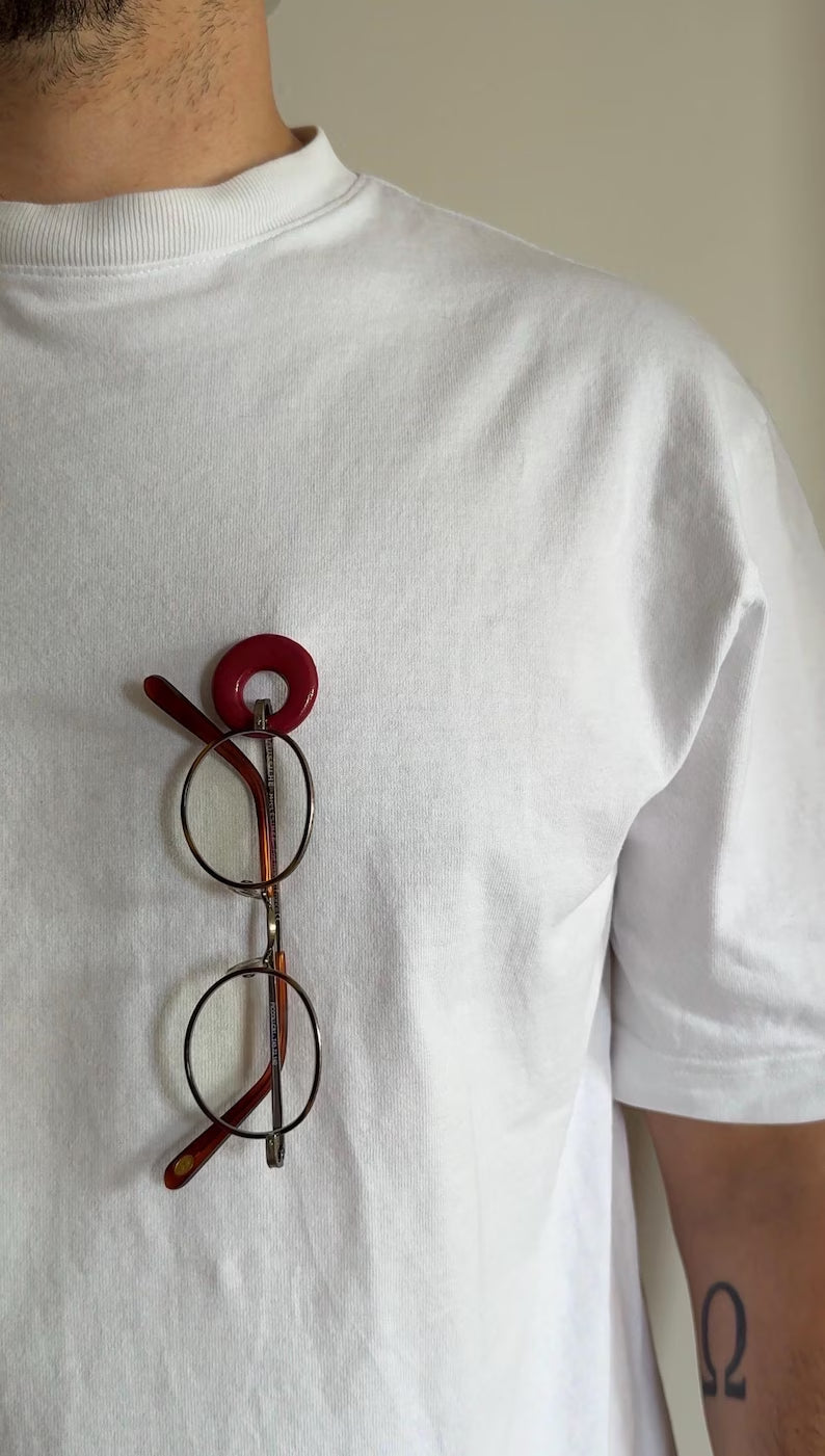 Round Eyeglass Holder Brooch - Handmade Clay & Resin Pin Accessory