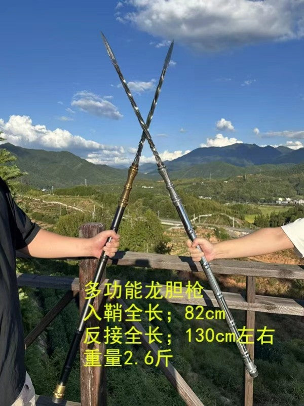 Multifunctional Staff: "Dragon Gall" Bright Silver Reverse-Grip Spear—Integrated Manganese Steel Construction, Quenched, Unsharpened Blade—Ideal for Outdoor Use and Vehicle Carry