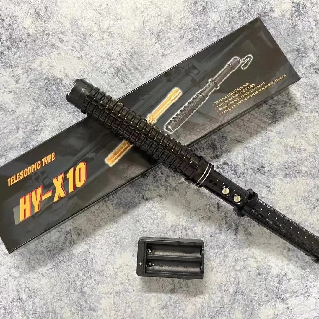Outdoor multi-functional rechargeable high-intensity self-defense flashlight, essential for emergency lighting.