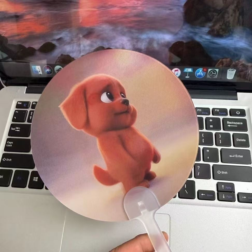 Red puppy emoji fan with cartoon transformation, funny and prank hand-cranked fan.