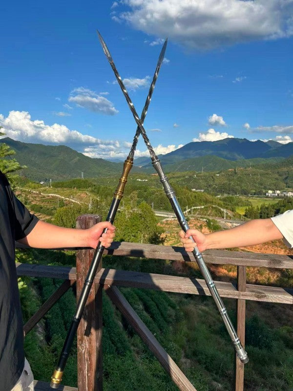 Multifunctional Staff: "Dragon Gall" Bright Silver Reverse-Grip Spear—Integrated Manganese Steel Construction, Quenched, Unsharpened Blade—Ideal for Outdoor Use and Vehicle Carry