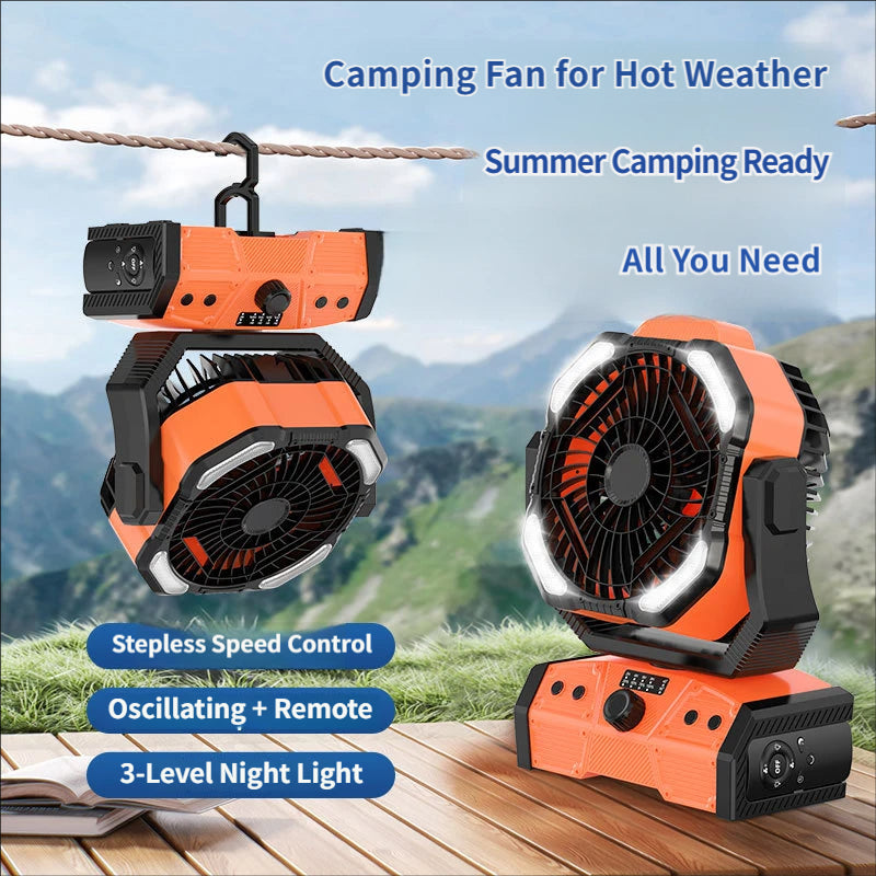 Portable High-Capacity Rechargeable Camping Fan with Stepless Speed Control and Tent Light (for Fishing & Camping)