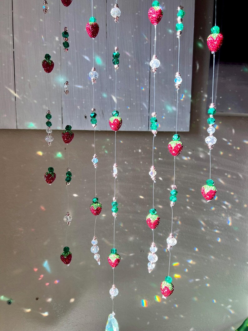 Strawberry Beaded SunCatcher: Hanging Glass Window Sun Catcher
