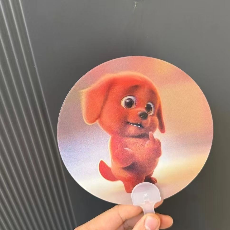 Red puppy emoji fan with cartoon transformation, funny and prank hand-cranked fan.