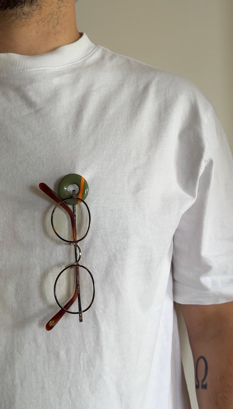 Round Eyeglass Holder Brooch - Handmade Clay & Resin Pin Accessory