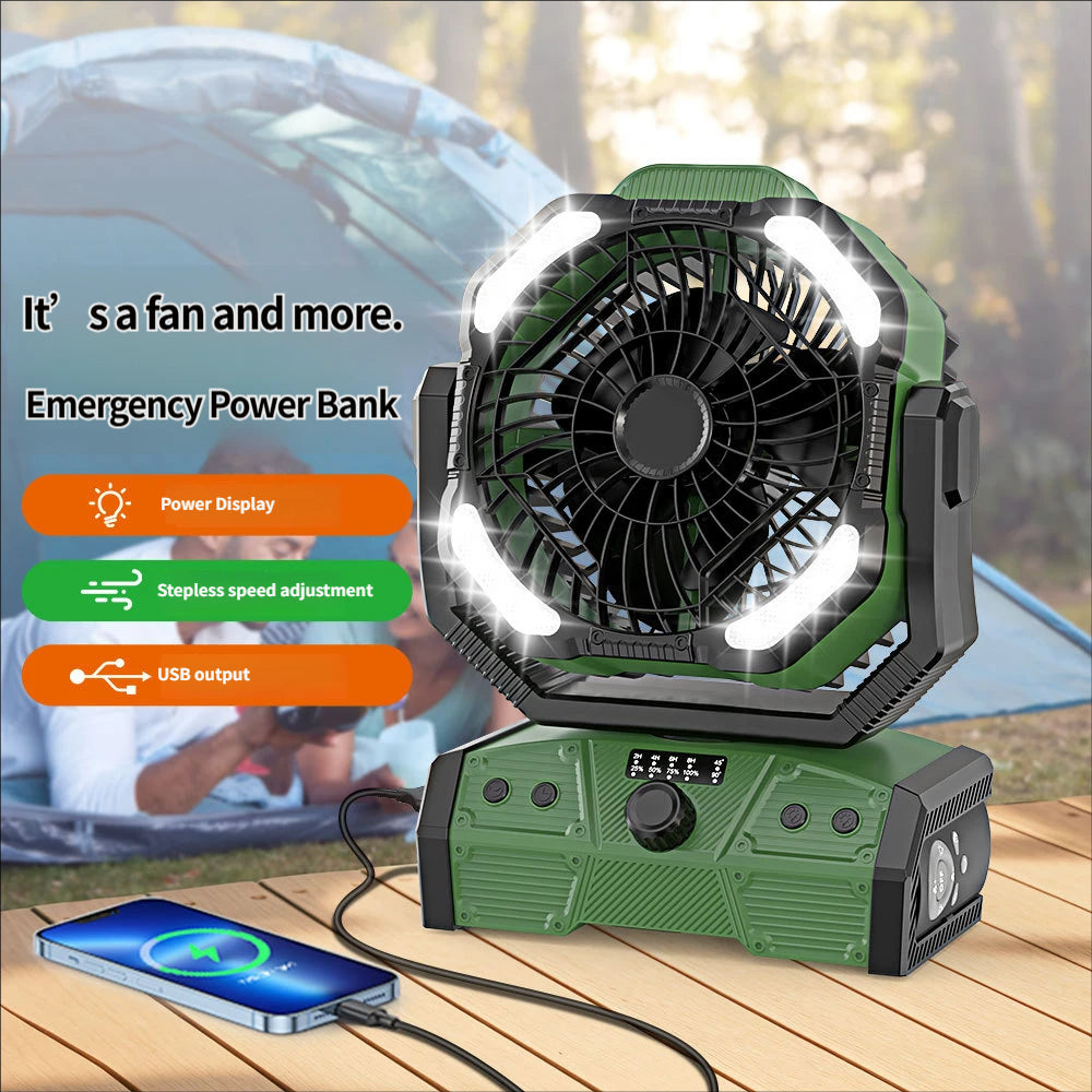 Portable High-Capacity Rechargeable Camping Fan with Stepless Speed Control and Tent Light (for Fishing & Camping)
