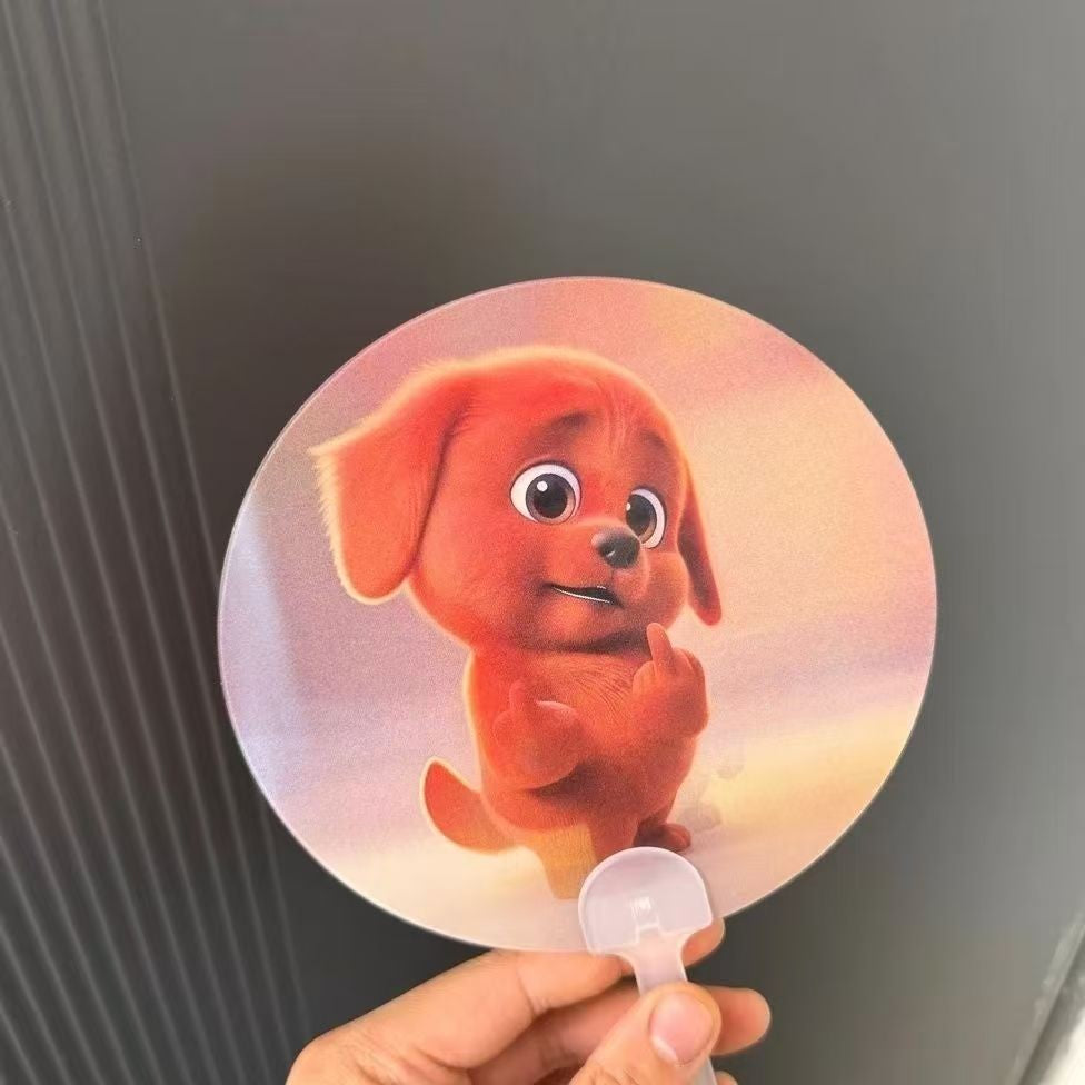 Red puppy emoji fan with cartoon transformation, funny and prank hand-cranked fan.