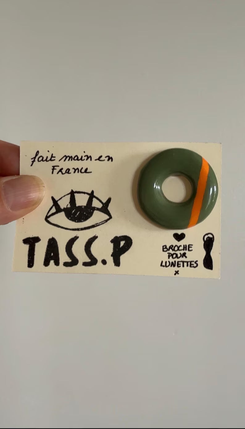 Round Eyeglass Holder Brooch - Handmade Clay & Resin Pin Accessory