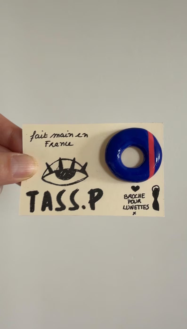 Round Eyeglass Holder Brooch - Handmade Clay & Resin Pin Accessory