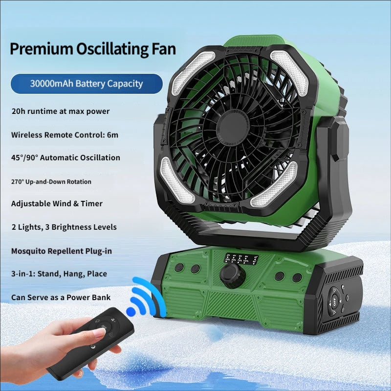 Portable High-Capacity Rechargeable Camping Fan with Stepless Speed Control and Tent Light (for Fishing & Camping)