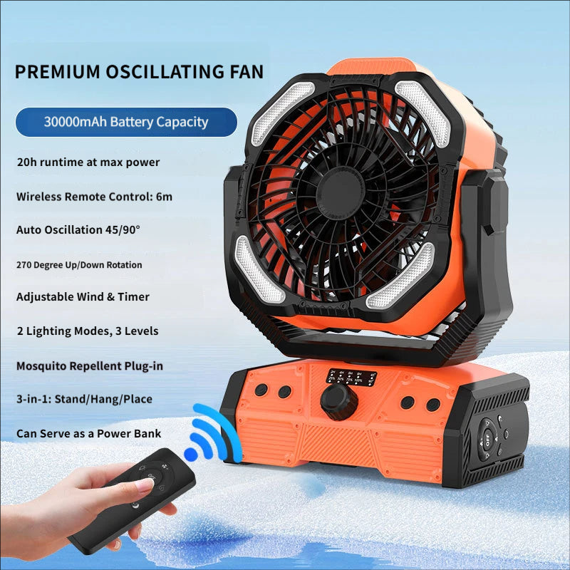 Portable High-Capacity Rechargeable Camping Fan with Stepless Speed Control and Tent Light (for Fishing & Camping)