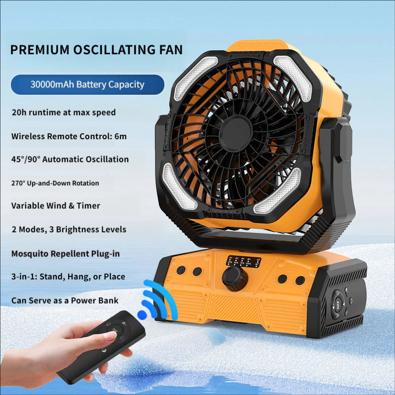Portable High-Capacity Rechargeable Camping Fan with Stepless Speed Control and Tent Light (for Fishing & Camping)