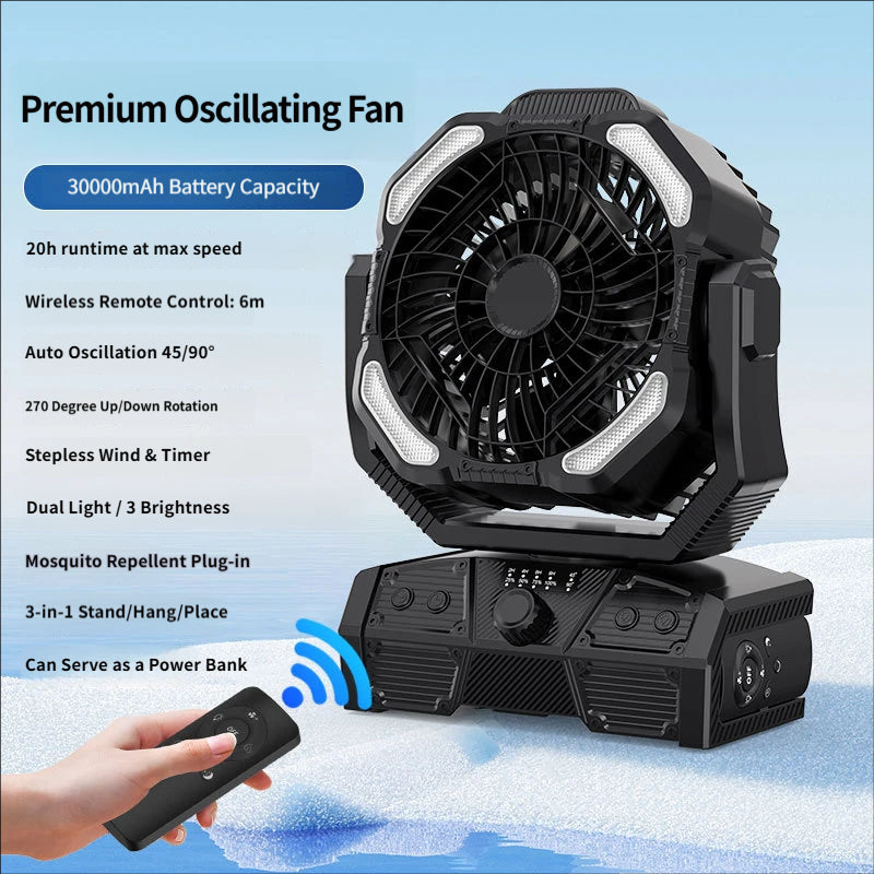 Portable High-Capacity Rechargeable Camping Fan with Stepless Speed Control and Tent Light (for Fishing & Camping)