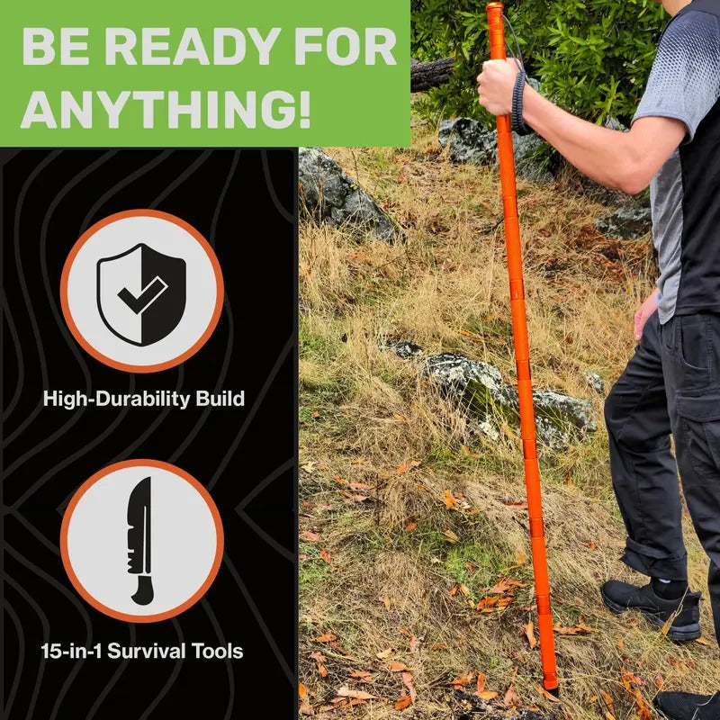 Survival Hiking Stick - Adjustable Trekking Pole with Built-in Outdoor Emergency Tools for Camping and Hiking