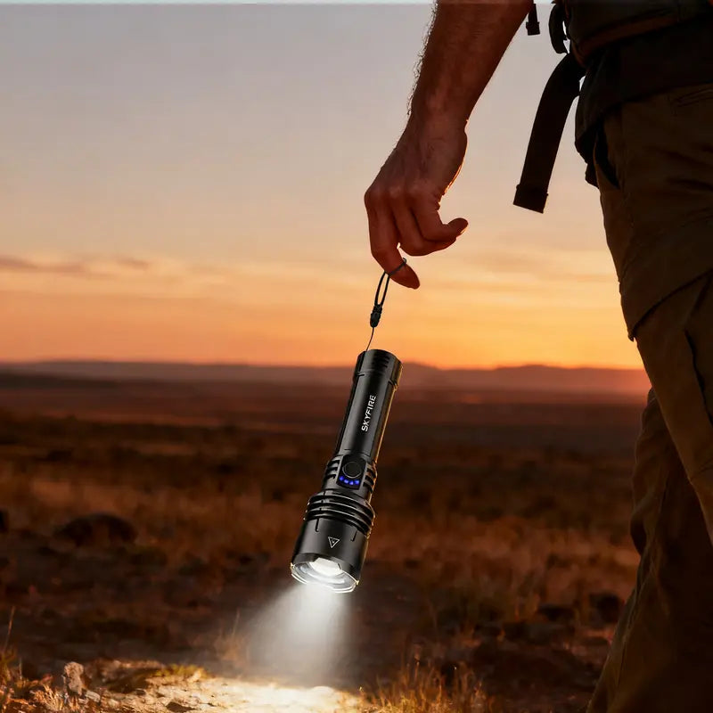High-lumen, ultra-bright rechargeable LED flashlight with adjustable zoom and five lighting modes.