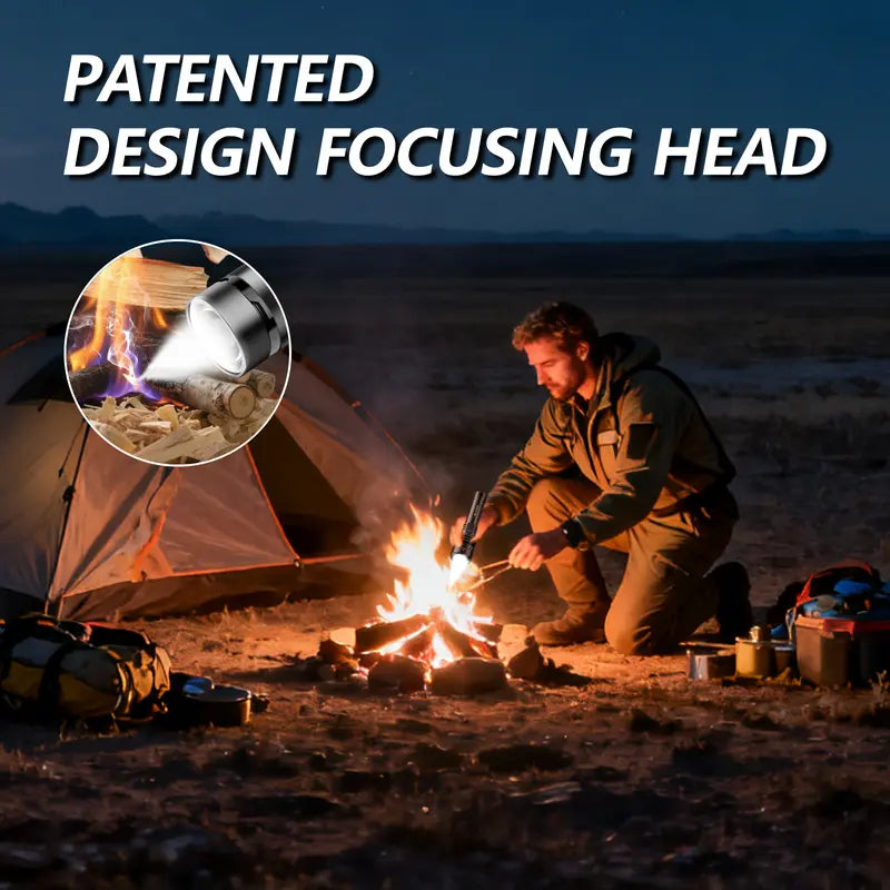 High-lumen, ultra-bright rechargeable LED flashlight with adjustable zoom and five lighting modes.