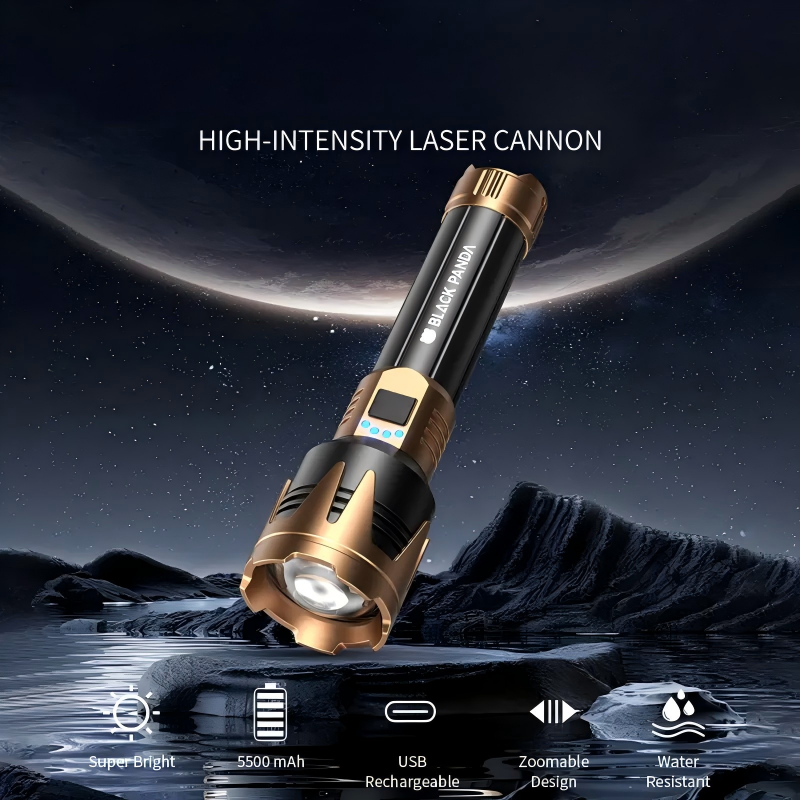 Super bright flashlight, 5500mAh battery, 5 lighting modes, USB charging, waterproof, zoomable, suitable for outdoor adventures and exploration.
